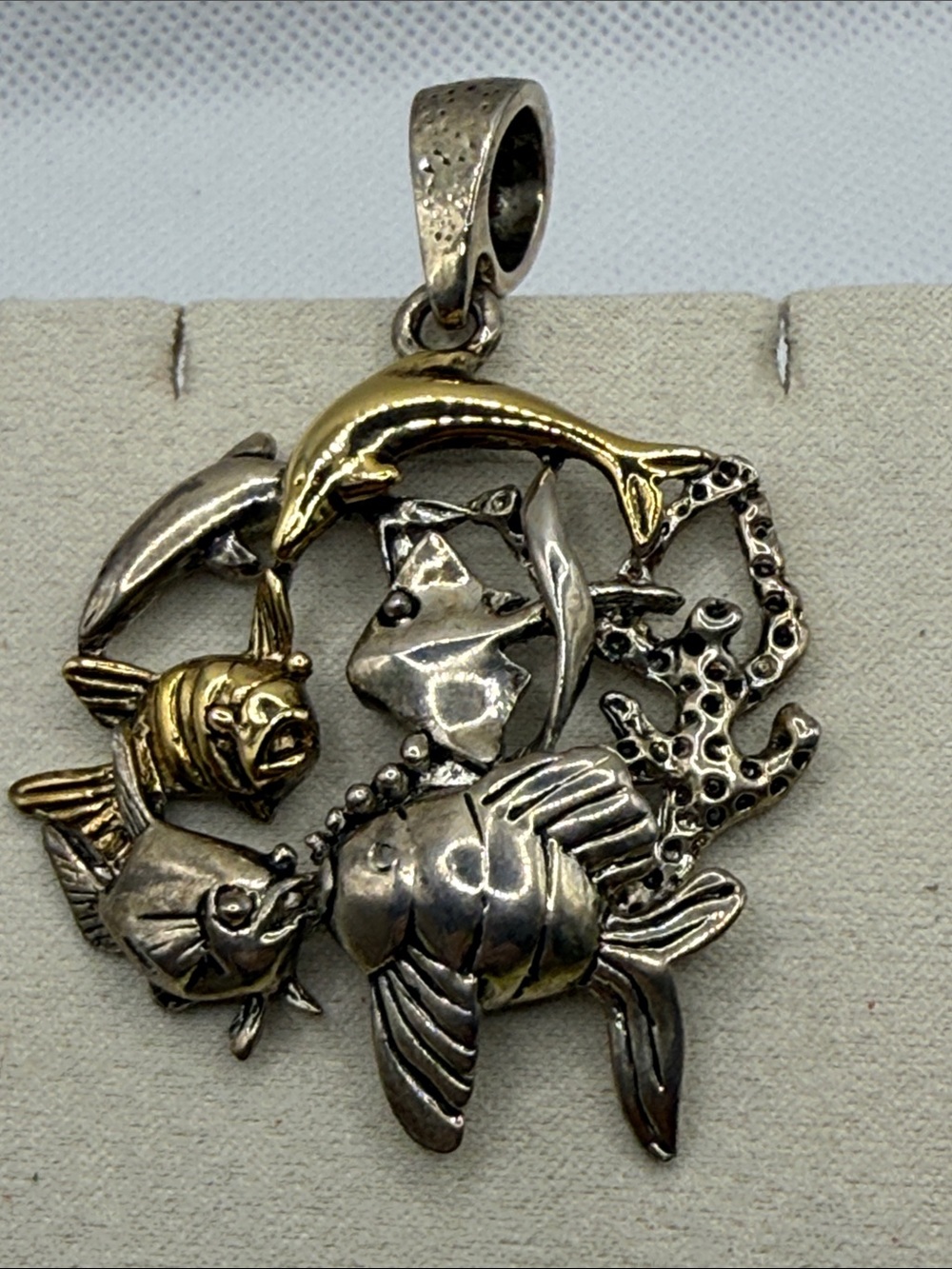 Untested Silver tone Ocean Life Pendant with Gold tone Dolphin fish 3D open work
